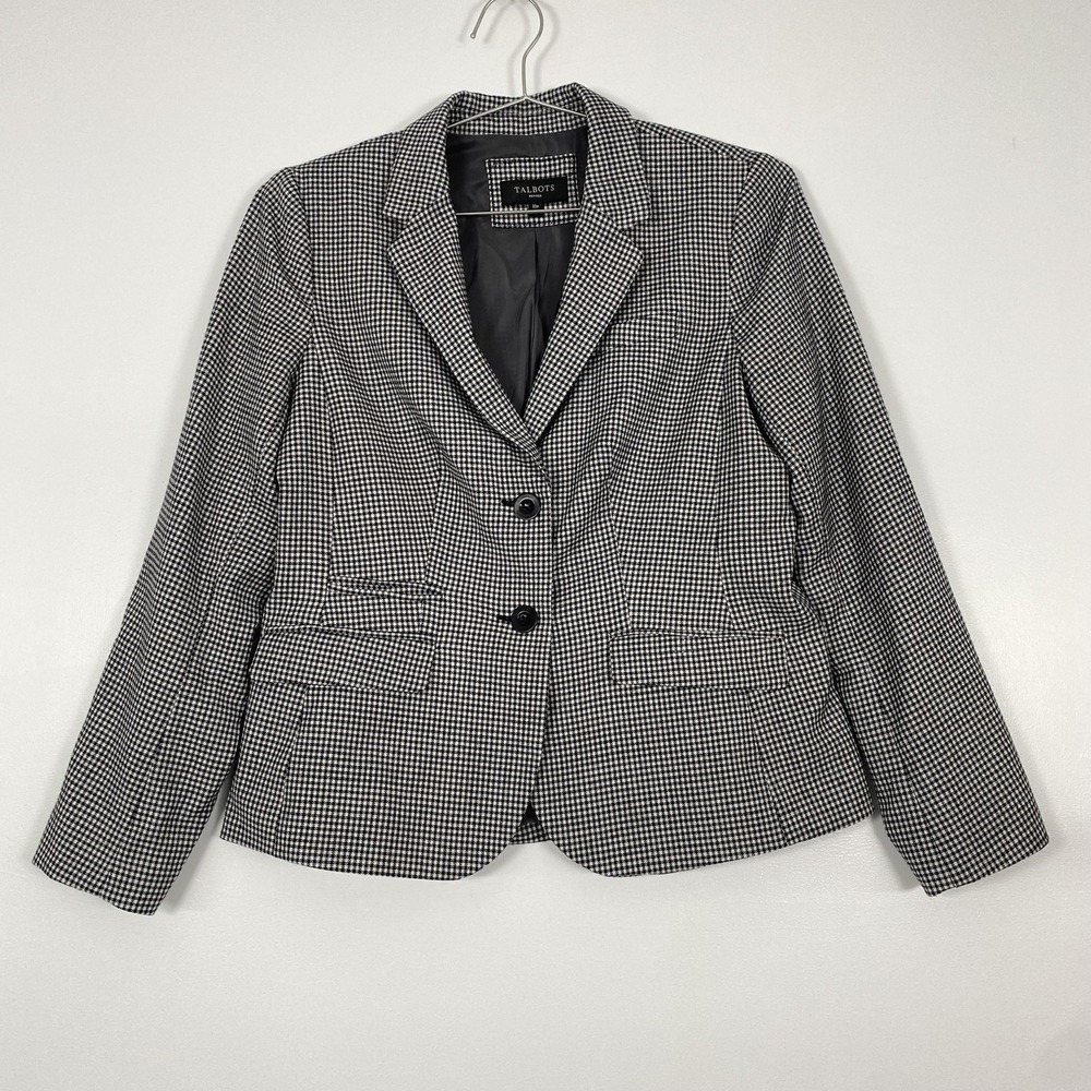 Talbots Blazer‎ Womens 10 Petite Black Houndstooth Wool Blend Two Button Jacket